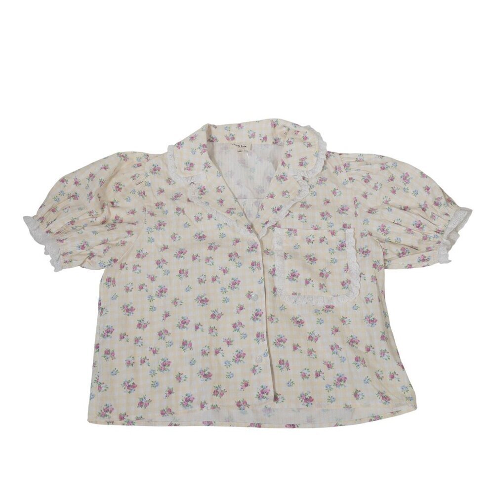 Cottage Core Peach Love Yellow and White Gingham Floral Top SZ S Puff Sleeve - Picture 10 of 13